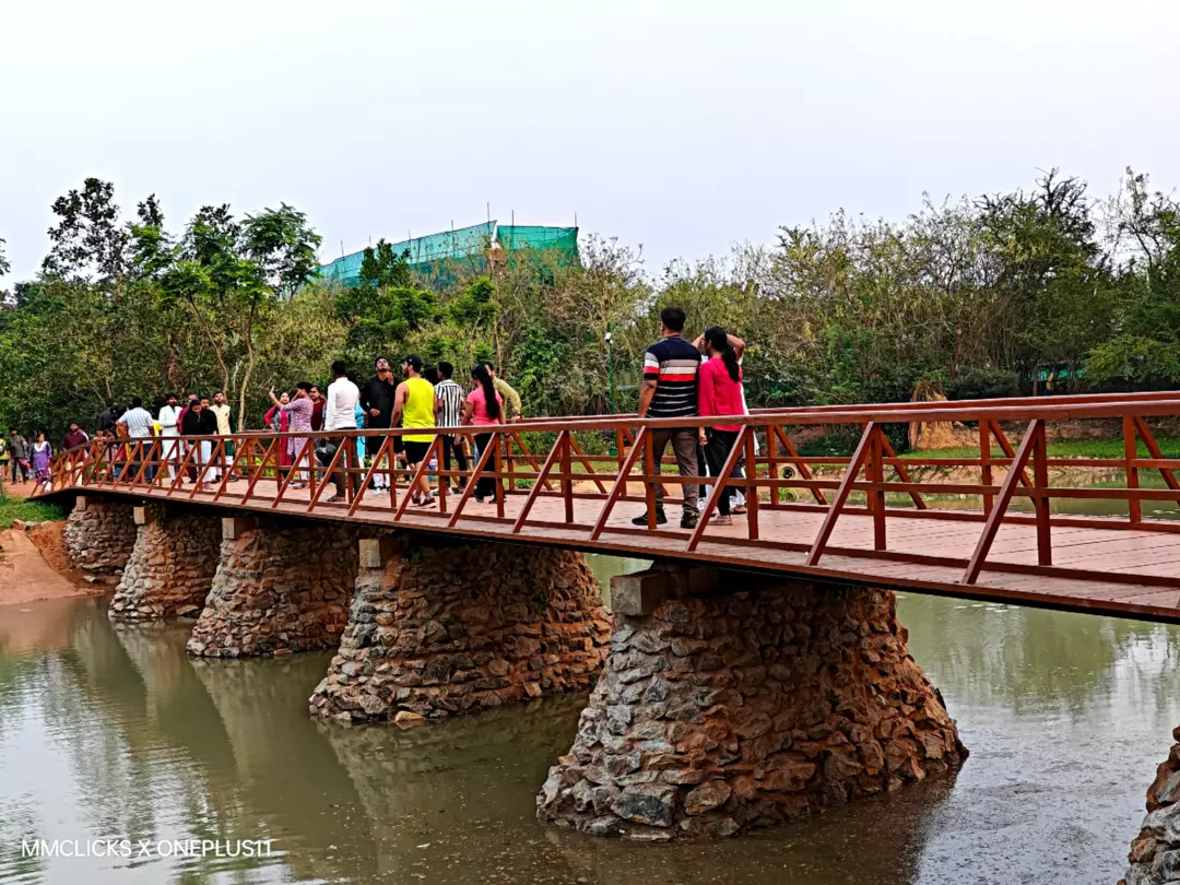 Wooden bridge across pristine lake inside Anandabana urban forest Bhubaneswar